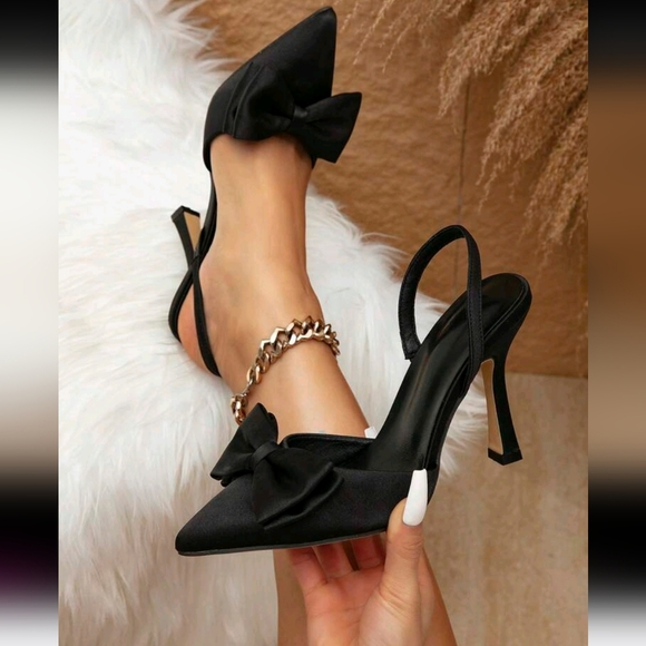 Slip-On Pointed Black Satin Bow Tie Back Strap Stilleto High Heel size 6 - Picture 1 of 5